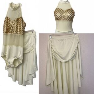 Kelle dance solo costume ivory white gold 2 piece lyrical skirt leotard MA adult